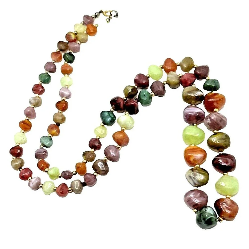 Vintage Faux Stone Necklace Multicolor Lucite Beaded Statement 30